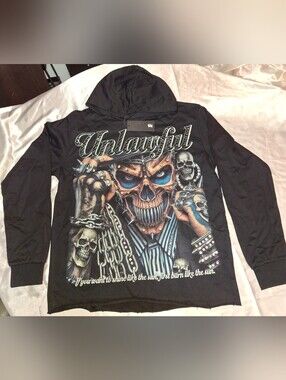 NWT Left Point "Unlawful" Rhinestone Skull Hoodie Black Streetwear Size Small